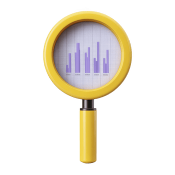gul förstorande glas med fokus på bar Graf visning lila barer på rutnät bakgrund, symboliserar data analys och forskning png