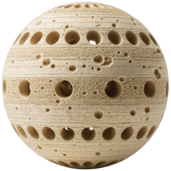 esférico objeto parecido a planeta es cubierto numeroso circular agujeros, dando eso texturizado apariencia. superficie es beige, similar a madera o queso, con variar tamaños de agujeros creando intrincado png