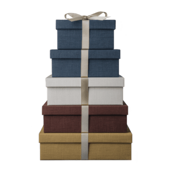Stack of five gift boxes in various colors, including blue, white, red, and yellow, is tied with ribbon. boxes are textured and arranged in pyramid shape, creating festive and elegant presentation png