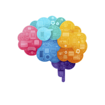 colorato cervello illustrazione composto di sovrapposizione cerchi, ogni pieno con vario tecnologia e comunicazione icone, simboleggiante innovazione e connettività png