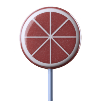 il giro, rosso lecca-lecca con bianca segmentato design somigliante agrume frutta fetta, impostato contro pianura sfondo. lecca-lecca ha lucido finire e è allegato per bianca bastone png