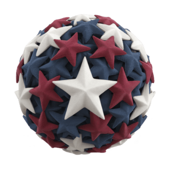 kugelförmig Objekt bedeckt im Rot, Weiss, und Blau Sterne, symbolisieren Patriotismus und Einheit. Sterne sind drei dimensional und vereinbart worden im texturiert Muster, Erstellen dynamisch visuell bewirken png
