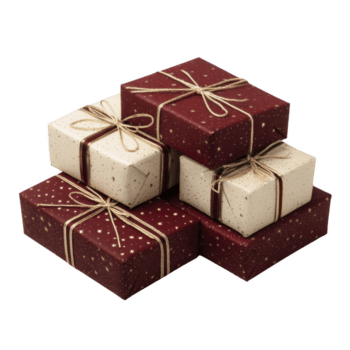 cinco hermosamente envuelto regalo cajas con rojo y blanco papel, adornado con oro motas y atado con enroscarse, son apilado juntos, creando festivo y elegante presentación png