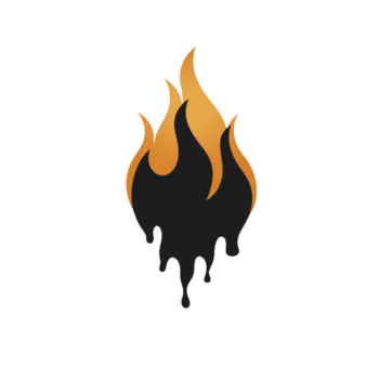Stylized flame icon with gradient of orange and black, featuring dripping effect at bottom, set against transparent background png