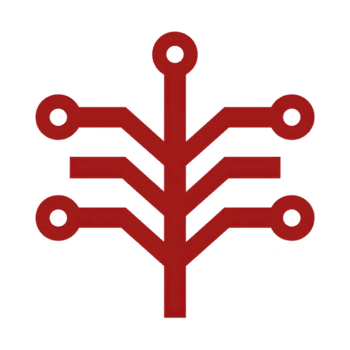 vermelho abstrato árvore gostar símbolo com ramificação linhas e circular nós, semelhante a rede ou o circuito Projeto. minimalista estilo transmite sentido do conectividade e modernidade png