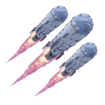 Three futuristic rockets with fiery trails soar through space, showcasing advanced technology and dynamic motion. sleek design and vibrant flames create exciting and adventurous scene png