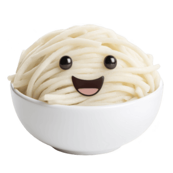 Bowl of noodles with cute, smiling face made from simple shapes, creating playful and whimsical expression. noodles are neatly arranged in white bowl, adding to charm png