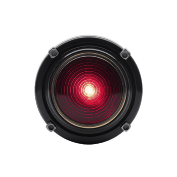 Glowing red circular light with metallic frame, resembling futuristic or industrial design, emits bright, intense glow. light is centered and surrounded by series of concentric circles png