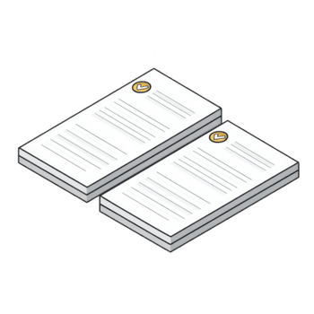 två stackar av vit papper med gul bock symbol topp hörn är ordentligt ordnade. papper är fodrad, föreslår de är för notera tar eller dokumentation. bock lägger till känsla av godkännande png