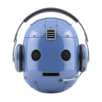 azul robot cabeza con auriculares y micrófono, parecido a futurista comunicación dispositivo, es representado. diseño es pulcro y moderno, sugerencia avanzado tecnología y ai Interacción png