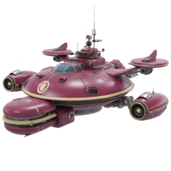 Futuristic red spaceship with sleek design, featuring multiple engines and antennas, isolated on transparency background. vehicle has retro futuristic aesthetic, evoking sense of adventure png