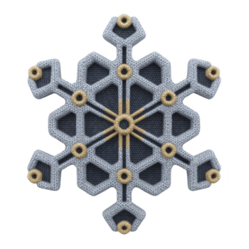 Detailed, geometric snowflake design with metallic texture and intricate patterns, featuring combination of silver and gold colors, creating festive and elegant appearance png