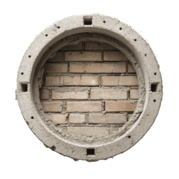 circulaire beton kader omhult steen muur, presentatie van mengsel van industrieel en rustiek texturen. ruw beton contrasten met ordelijk steen patroon, creëren uniek zichtbaar png