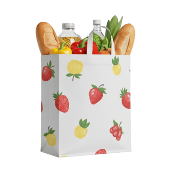 un' bianca riutilizzabile shopping totalizzatore Borsa ornato con un' allegro modello fragole e limoni, pieno con pane e bottiglie, isolato su un' trasparente sfondo png