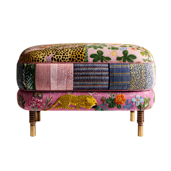 Patchwork Leopard Footstool A vibrant, eclectic piece of furniture featuring a unique blend of textures and colors, with a playful leopard motif. png