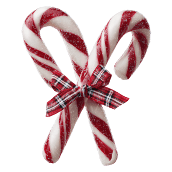 Due caramella canne attraversato nel forma a x con smerigliato strisce e tartan nastro nodo isolato su trasparente sfondo. png