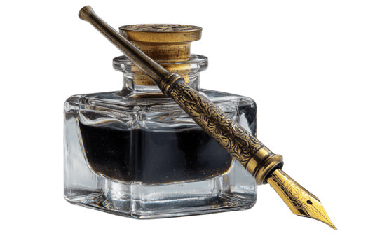 vintage vidro tinteiro meio cheio com tinta e latão ponta caneta em repouso através isolado em transparente fundo. png