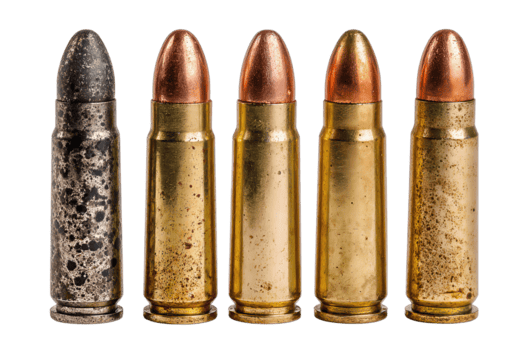 Nahansicht von sortiert Kugel Kaliber mit alt Gehäuse und kreisförmig Grundierungen isoliert auf transparent Hintergrund. png