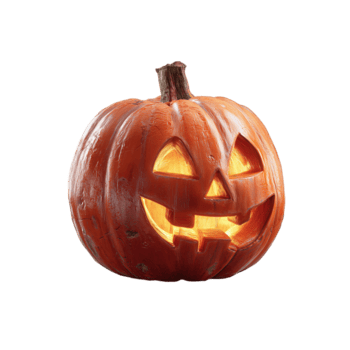 Pumpkin lantern carved with sharp grin and triangular features, lit warmly from within, isolated on transparent background. png