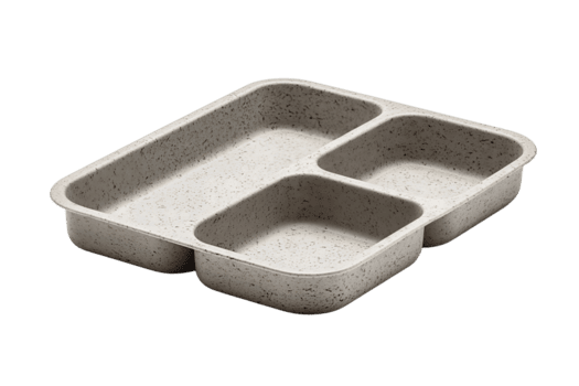 Speckled gray plastic tray with sharp-edged design and three section layout, isolated on transparent background. png