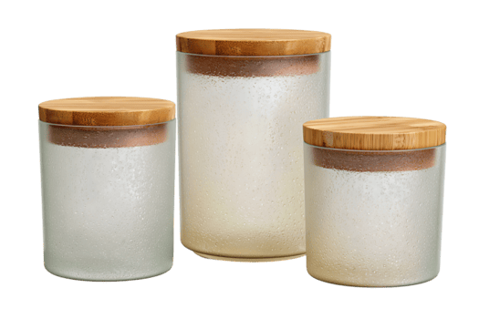 Frosted canister set with wooden bamboo lids and subtle moisture detail, presented in a triangular grouping, isolated on transparent background. png