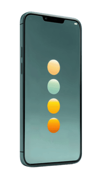 un' moderno smartphone nel Opaco carbone finire, in posizione verticale con sottile cornici, visualizzazione tre pendenza umore puntini e un' ginocchiera patata fritta, isolato su trasparente sfondo. png