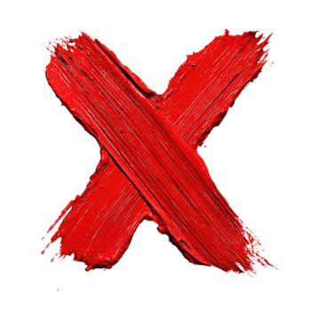 Textured red paint X made from two uneven brush lines crossing with thick overlap and bristle marks, isolated on transparent background. png