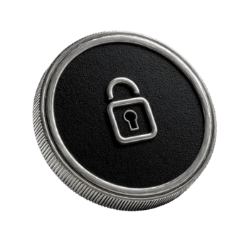 Modern security token in round form, black core with padlock icon cutout and precision steel edging, isolated on transparent background. png