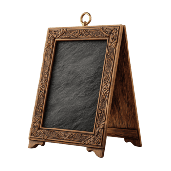 uma pequeno ardósia borda com a ornamentado esculpido de madeira quadro, Armação dentro caloroso noz grão, sutil giz poeira ao longo a limpar \ limpo superfície arestas, e uma latão suspensão laço, isolado em transparente fundo. png