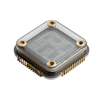 en mikrochip med en borstat aluminium värme spridare och avskuren kanter, bra guld stift på två sidor, och en subtil etsade rutnät mönster, isolerat på transparent bakgrund. png