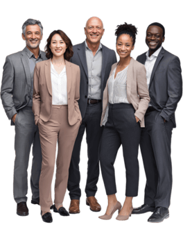 uma diverso grupo profissionais dentro neutro o negócio traje, em pé dentro uma relaxado formação com □ Gentil espaçamento e suave natural iluminação, sutil profundidade e realismo, isolado em transparente fundo. png