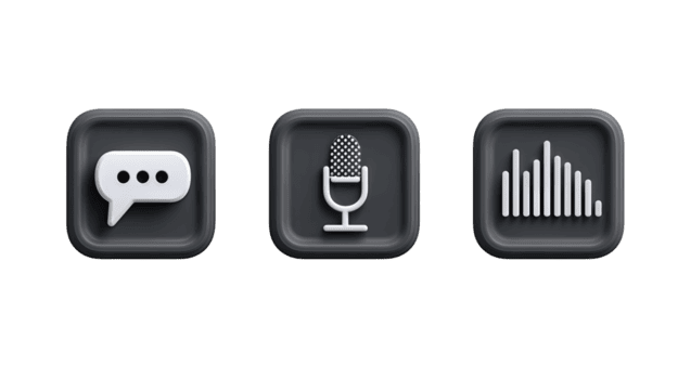 Set of three porcelain app icons showing chat, mic, and equalizer symbols in slate-gray, smooth matte finish and diagonal stepped layout, isolated on transparent background. png