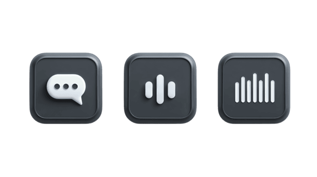 modern Porzellan App Tasten mit gerundet Ecken, grau Glyphen zum Plaudern, Mikrofon, und Ausgleich, leise trat diagonal Ausrichtung, isoliert auf transparent Hintergrund. png