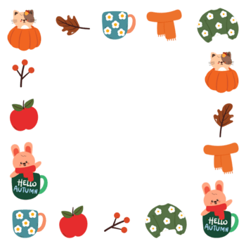 cute frame border with cat and bunny and autumn element for photo frame with transparent background png