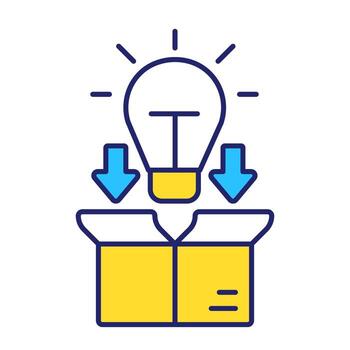 Outside in innovations line color icon. Inserting lightbulb into cardboard box. Packing interesting ideas and insights. Isolated illustration. Flat colorful symbol design. Editable stroke vector