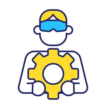 ingeniero con Arkansas lentes participación rueda dentada línea color icono. técnico pruebas producto con vr tecnología. innovaciones aislado ilustración. plano vistoso símbolo diseño. editable carrera vector