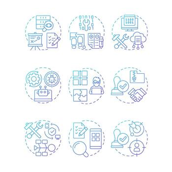 Software development and testing blue gradient concept icons. Test planning, user experience. Icon pack. Round shape illustrations for infographic, presentation. Abstract idea vector