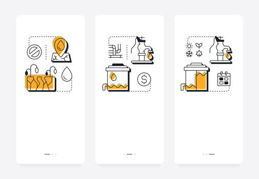 Types of water scarcity mobile app onboarding screens. Ecology problem handling. Environment care importance. Flat UI UX design, yellow highlight with outline icons conceptual vector
