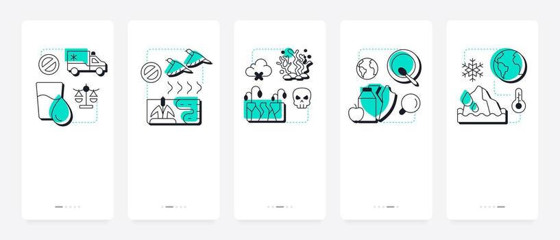 Impact of water crisis mobile app onboarding screens. Environment and ecosystem damage. Drinkwater sources lack. Flat UI UX design, green highlight with outline icons conceptual vector