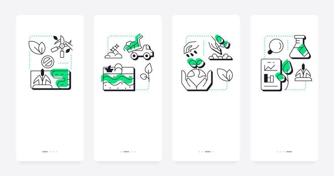 Phases of wetland restoration mobile app onboarding screens. Water sources development. Drinkwater crisis overcoming. Flat UI UX design, green highlight with outline icons conceptual vector
