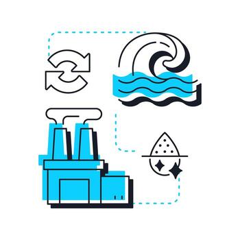 Desalination modern linear concept icon. Removing salt from seawater. Strategy for increasing water supply. Flat outline elements connected with dotted lines. Creative visual. Easy to edit vector