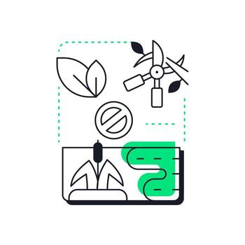 Treating invasive species modern linear concept icon. Remove non native habitats. Phase of wetland restoration. Flat outline elements connected with dotted lines. Creative visual. Easy to edit vector
