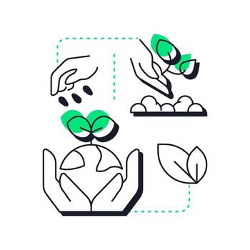 Planting and seeding modern linear concept icon. Jumpstart ecosystem recovery. Phase of wetland restoration. Flat outline elements connected with dotted lines. Creative visual. Easy to edit vector