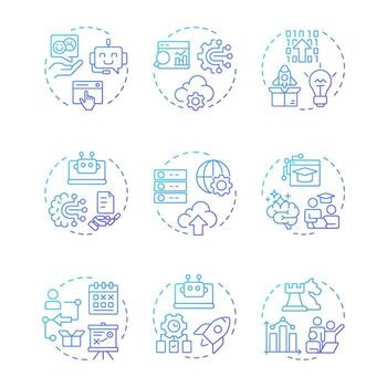 Digital transformation blue gradient concept icons. Business innovation, cloud technology. Icon pack. Round shape illustrations for infographic, presentation. Abstract idea vector