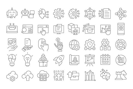 digital transformación línea íconos colocar. nube tecnología, flujo de trabajo organización. productividad crecimiento. aislado contorno ilustraciones. Delgado arte lineal conjunto de iconos simbolos editable carrera vector