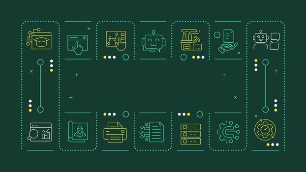 Digital business green word concept. Modern factory, machine learning. Documentation processing. Horizontal image. Headline text surrounded by editable outline icons vector
