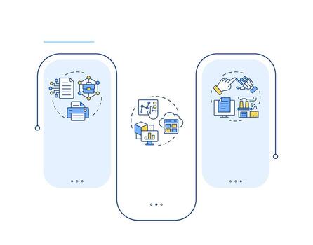 Digital transformation types rectangle infographic . Statistical metrics, data management. Data visualization with 3 steps. Editable rectangular options chart vector