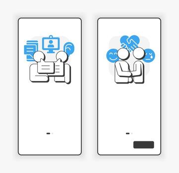 Communication types mobile onboarding screen. Social networking. Online talking. UX UI illustration. Flat outline style icons with blue accent vector