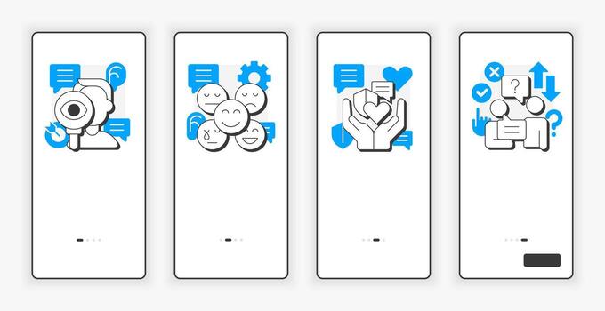 Nonviolent communication mobile onboarding screen. Social networking. Critical thinking. UX UI illustration. Flat outline style icons with blue accent vector