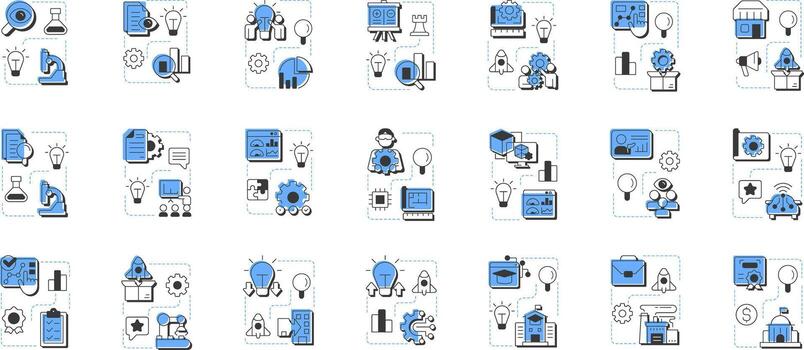 Research and development management modern linear concept icons bundle. Innovations for organization growth. Flat outline elements connected with dotted lines. Creative mega set. Easy to edit vector